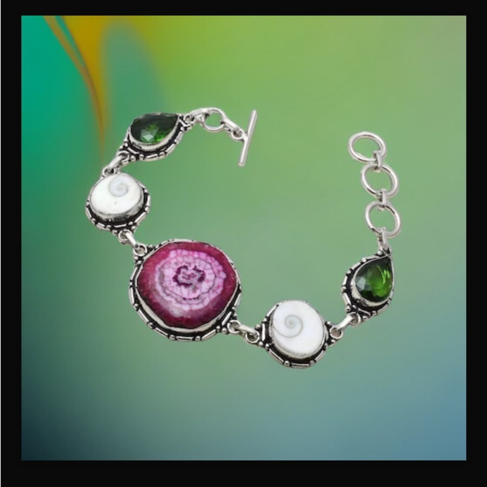 Solar Agate & Peridot Gemstone Handcrafted Toggle Style Bracelet 7”-8” Long NWT